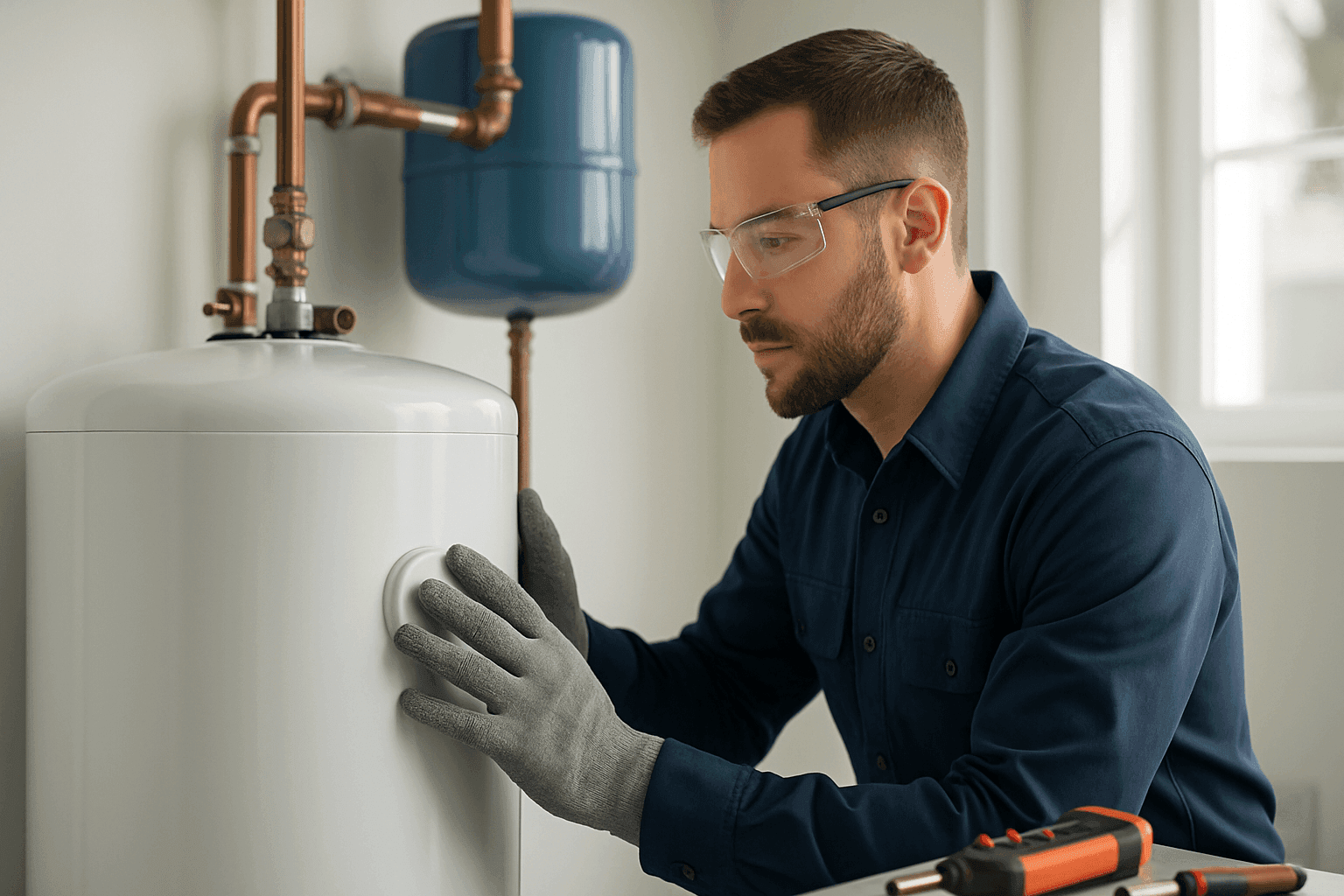 Technician inspecting residential water heater in utility room