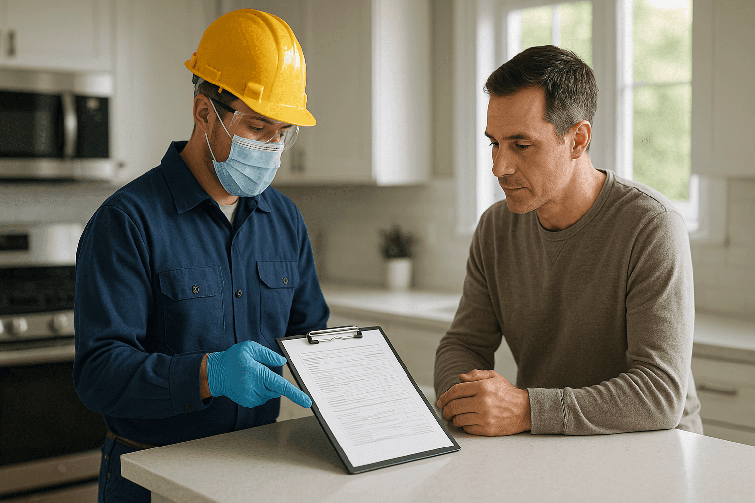 Plumber showing repair estimate to homeowner in kitchen