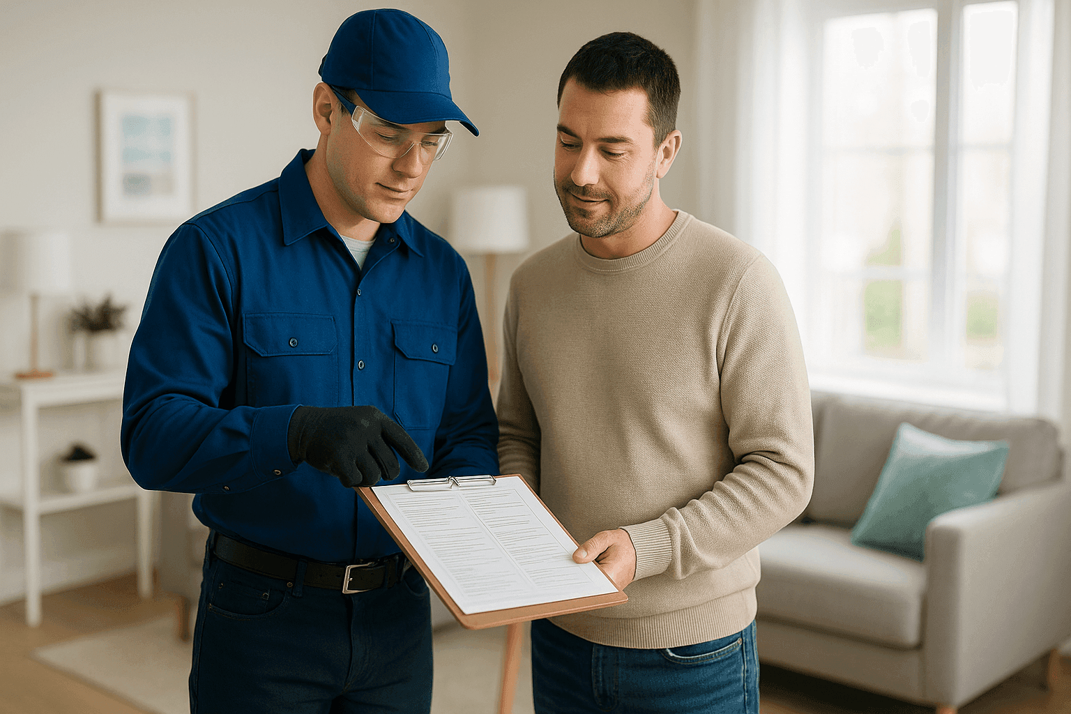 Homeowner reviewing credentials with plumber in living room