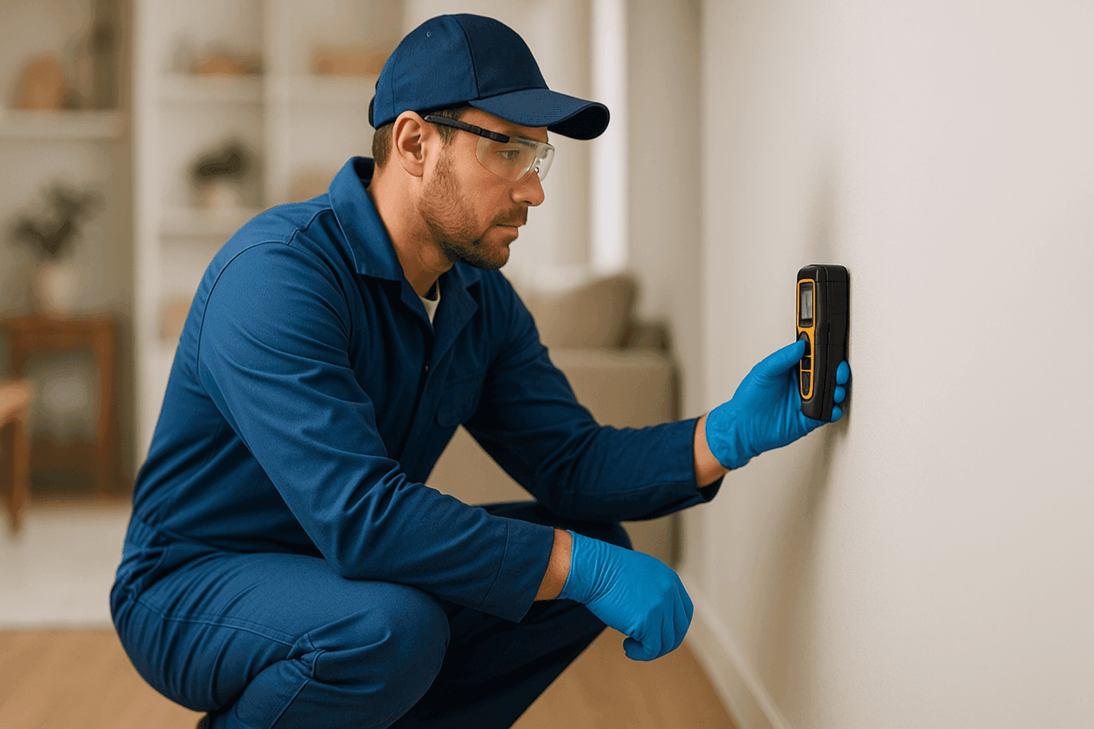 Plumber using moisture meter on wall to detect leak