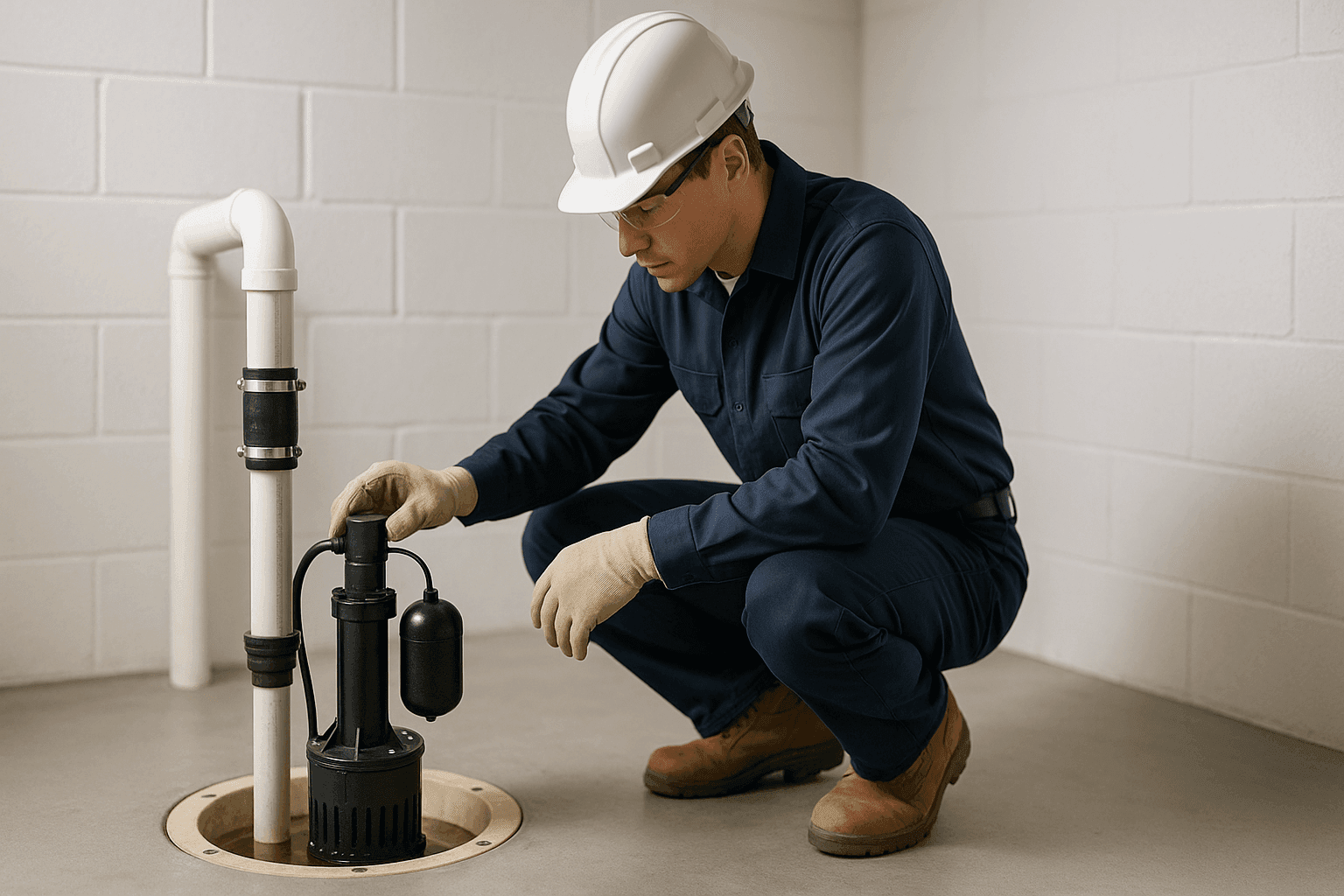 Technician inspecting residential sump pump in clean basement